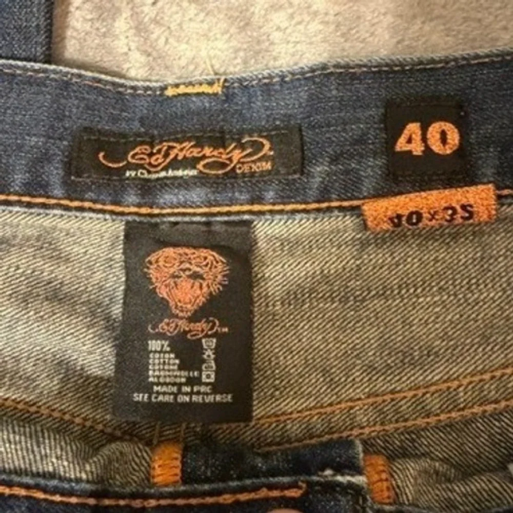 Ed Hardy Christian Audigier Denim Jeans Men 40x32 Blue Embroidered Button Fly